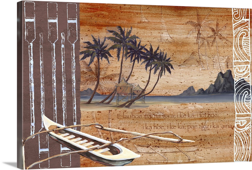 Mixed media artwork featuring paddle graphics, palm trees, and an outrigger canoe.