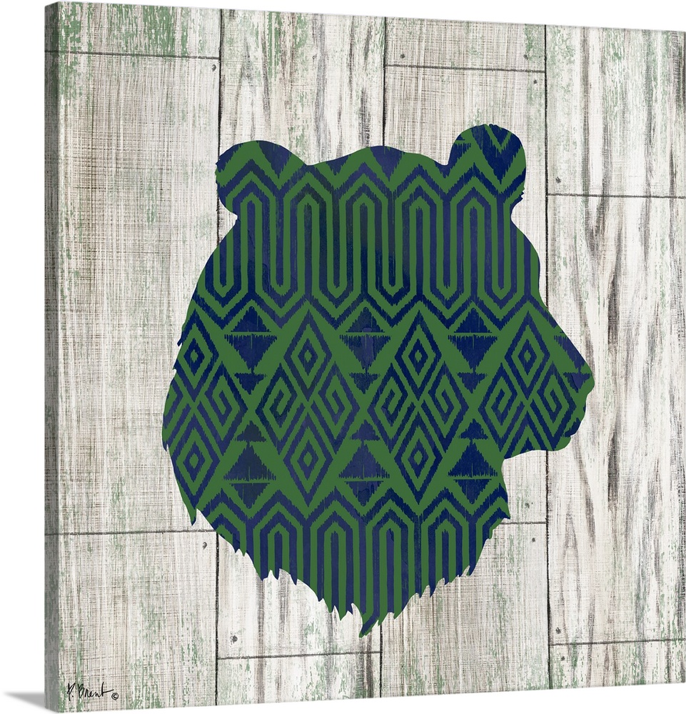 Square cabin decor with a blue and green patterned silhouette of a bear on a faux distressed wooden background.