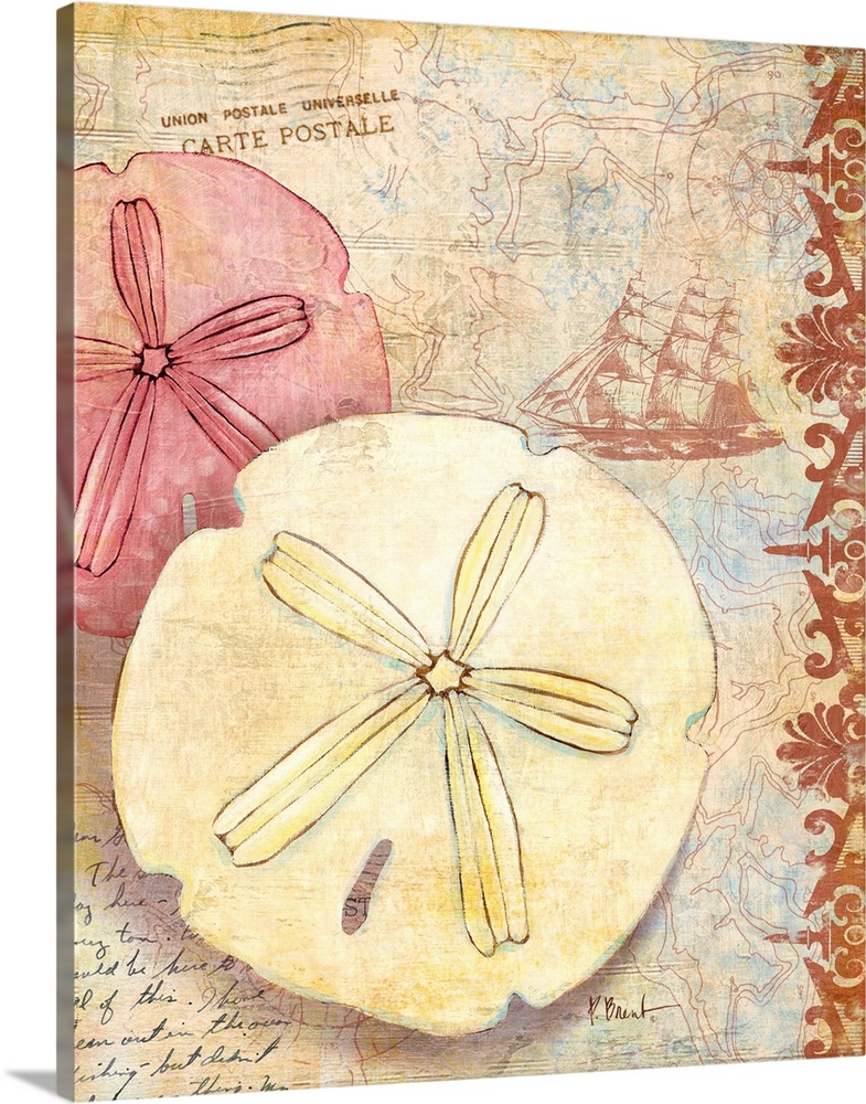 Vintage style decorative panel of a pair of sand dollars with a post mark and stamp.