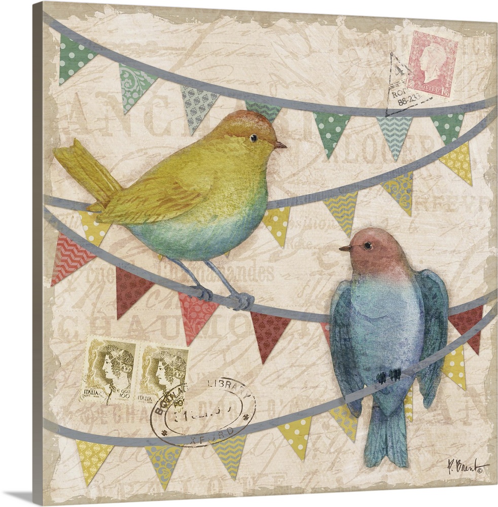 Painting of a pair of birds perching on triangle bunting, with postage stamps and faded vintage text.