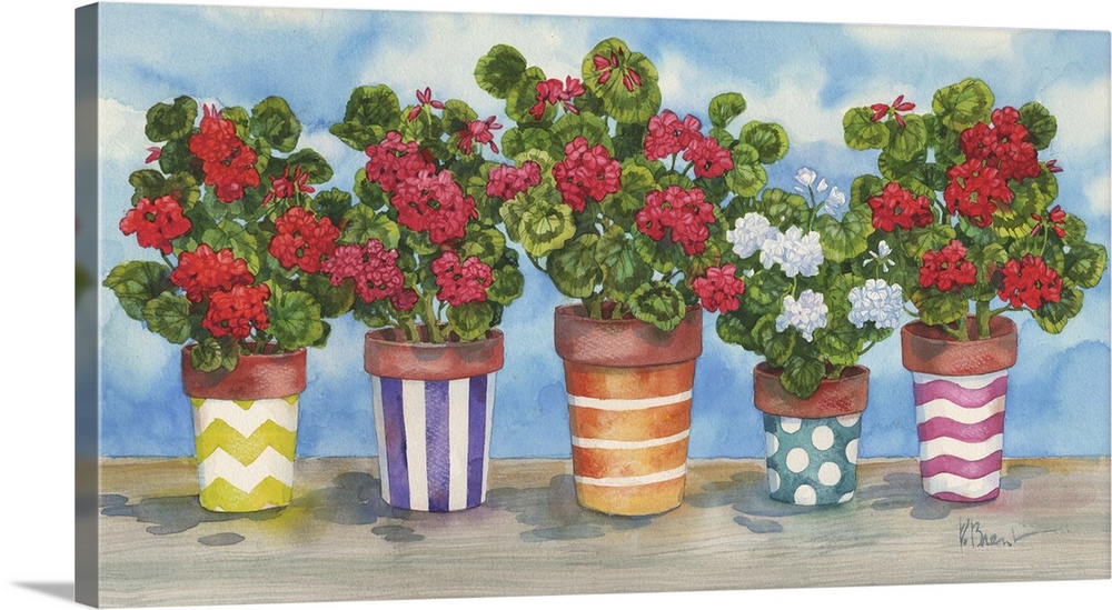 Five geraniums in a row in decorated pots.