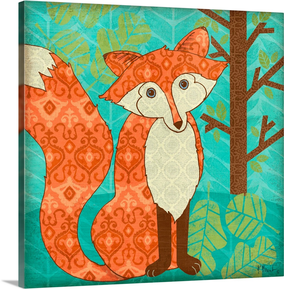 Cute, decorative artwork of a little fox in the woods made with retro patterns.