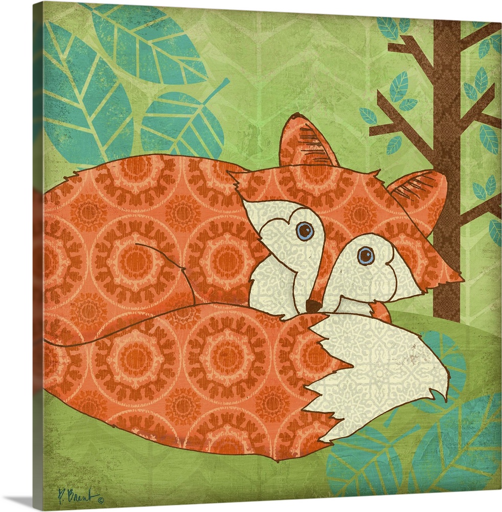 Cute, decorative artwork of a little fox in the woods made with retro patterns.