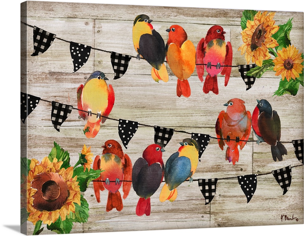 Farmhouse style decor with painted birds perched on black and white triangular banners on a faux wood background with sunf...