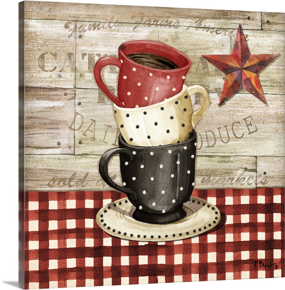 Square decor with red, white, and black stacked coffee cups with a farmhouse feel.
