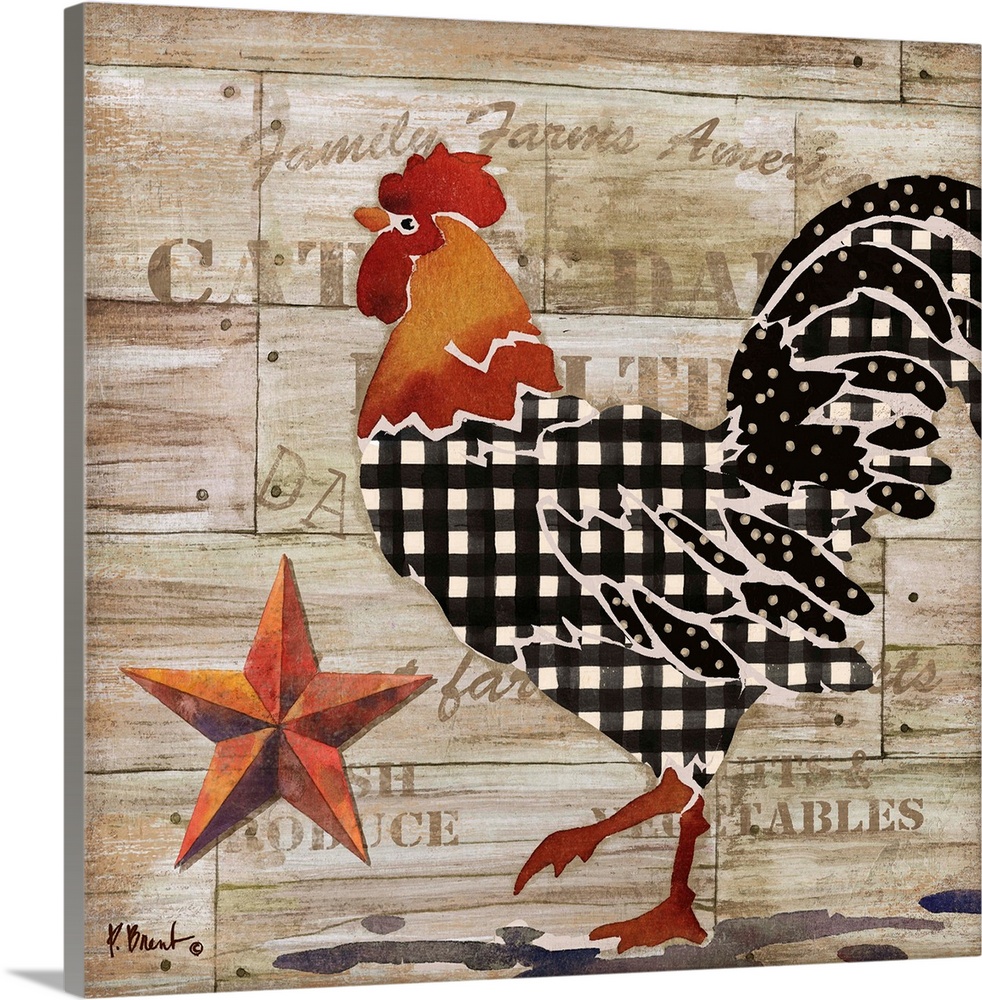 Square kitchen decor with an illustration of a rooster on a wooden produce box background with writing.