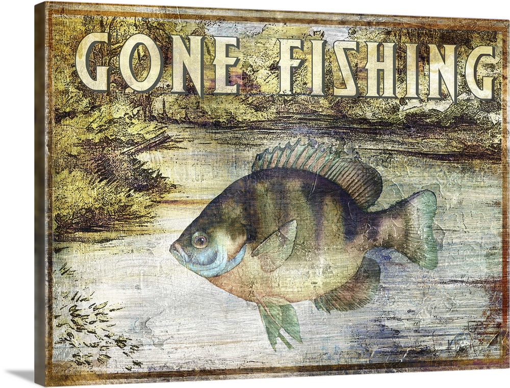 Rustic fishing sign featuring a bluegill with the text Gone Fishing.