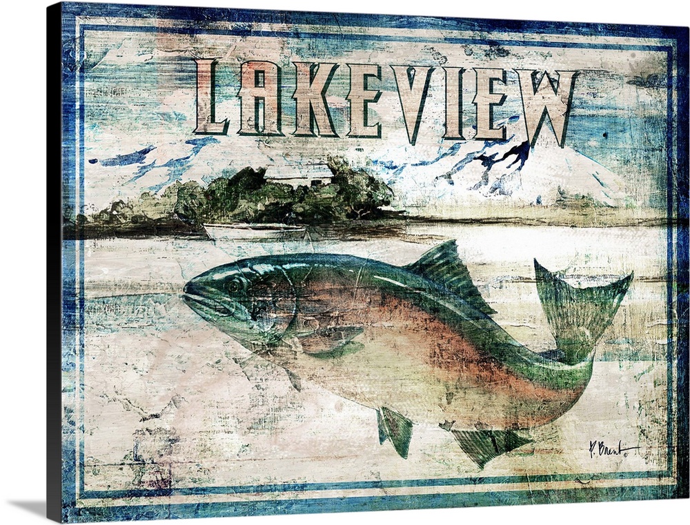 Rustic fishing sign featuring a salmon with the text Lakeview.