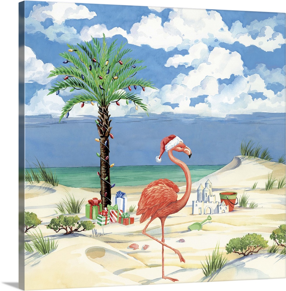 Watercolor painting of Christmas presents on a tropical beach with a palm tree and a flamingo.