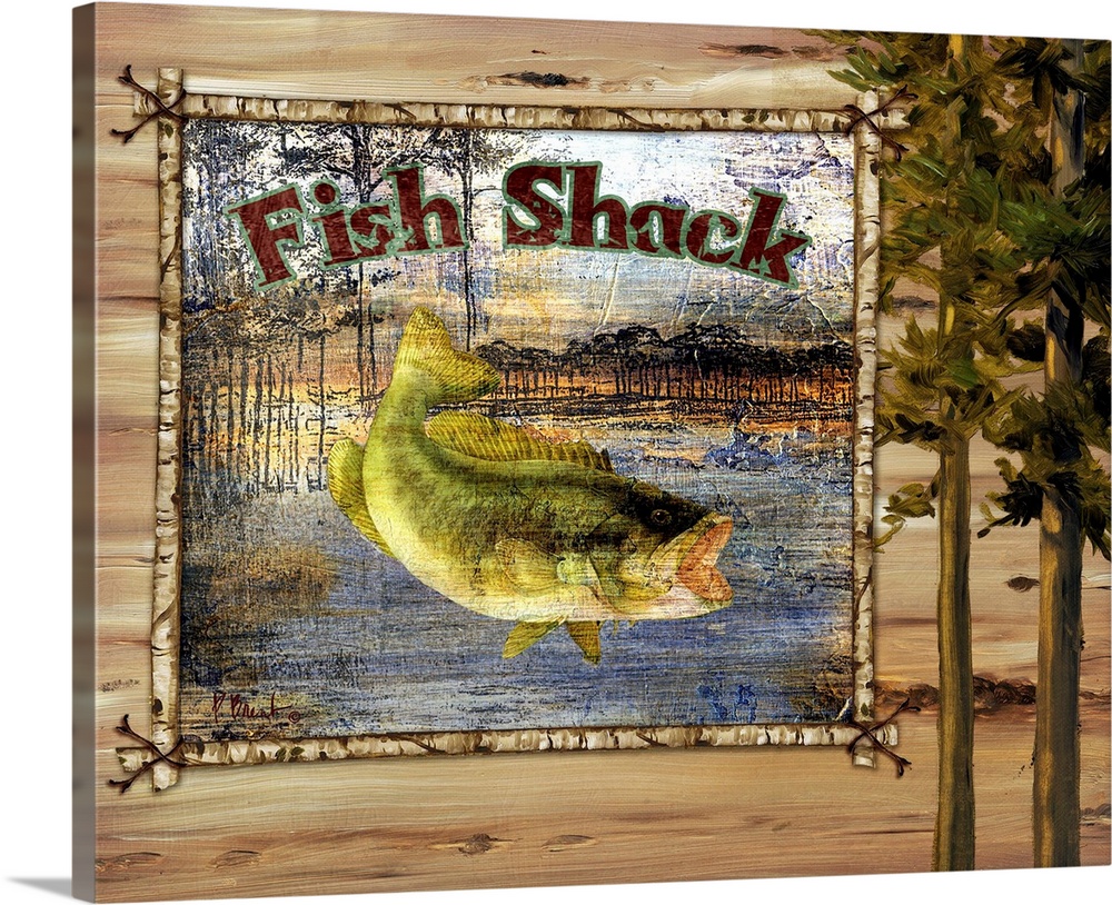 Decorative artwork of a bass fish in a frame, with trees and the words Fish Shack.