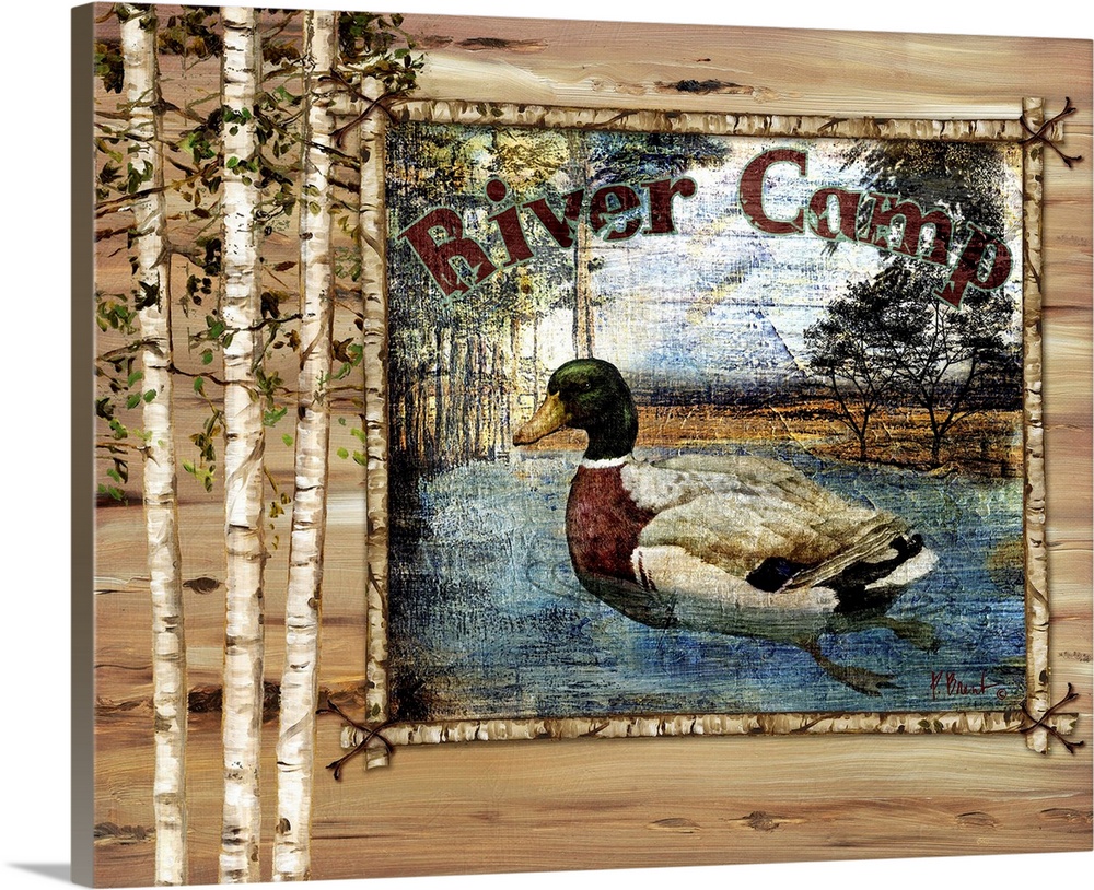 Decorative artwork of a duck in a frame, with birch trees and the words River Camp.