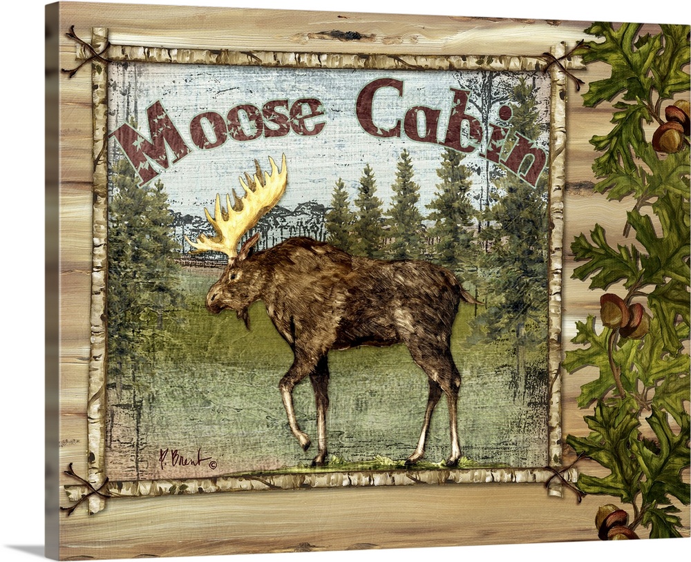 Decorative artwork of a moose in a frame, with oak leaves, acorns, and the words Moose Cabin.