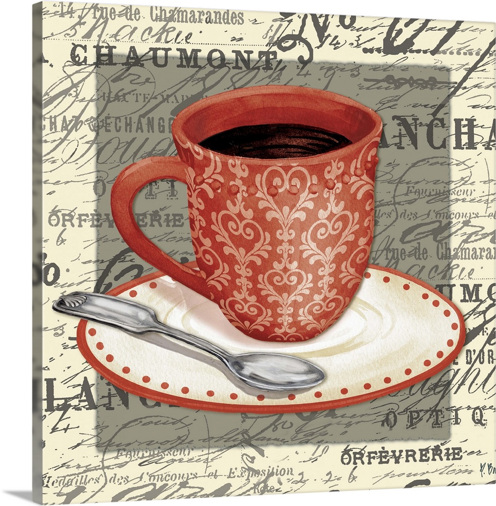 Mixed media panel with a red cup of coffee with a saucer and spoon on vintage text and handwriting.