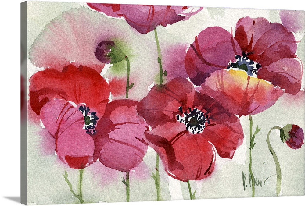 Watercolor painting of a group of brightly colored poppies.
