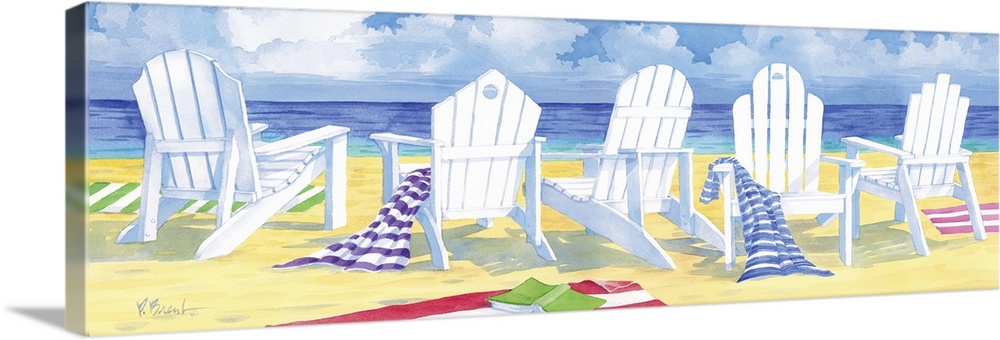 Five adirondack chairs on the beach with towels.