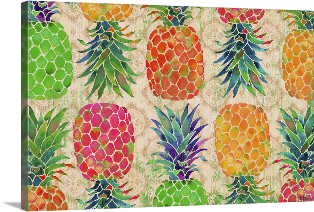 Funky pattern of rainbow colored pineapples.