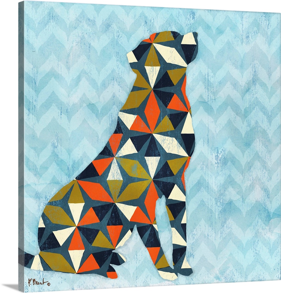 Square decor with a silhouetted dog made with geometric shapes on a blue patterned background.