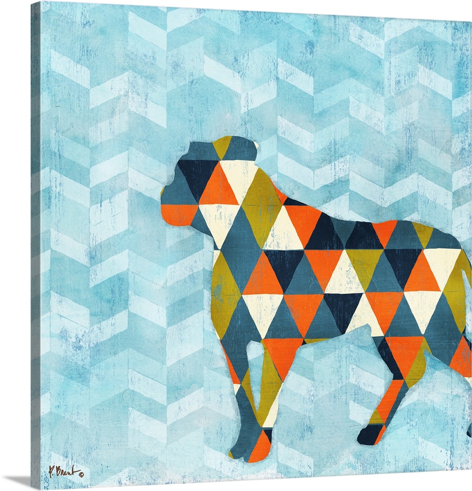 Square decor with a silhouetted dog made with geometric shapes on a blue patterned background.