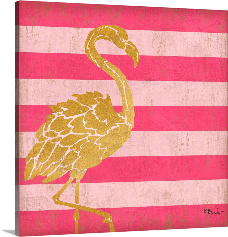 Square decor with a metallic gold flamingo on a pink striped background.