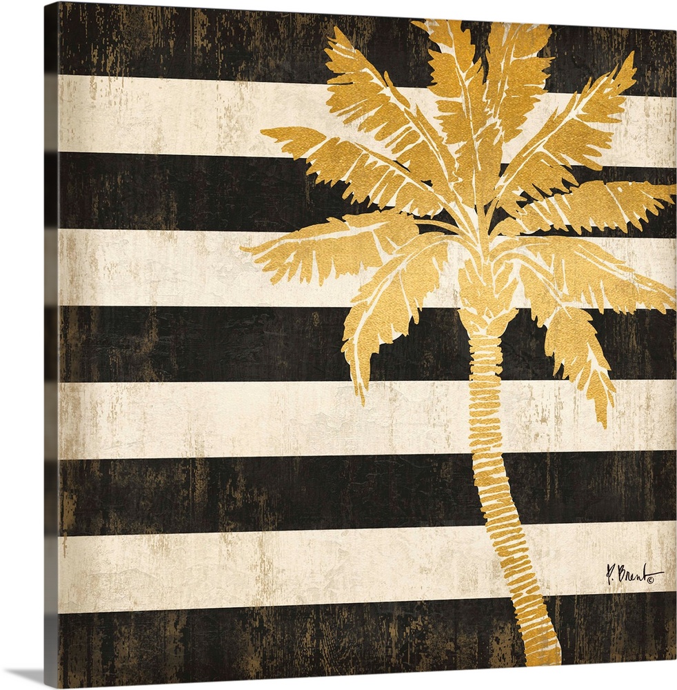 Square decor with a metallic gold palm tree on a black and white striped background.