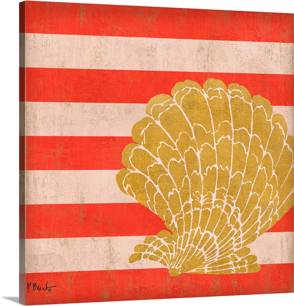 Square decor with a metallic gold seashell on a red striped background.