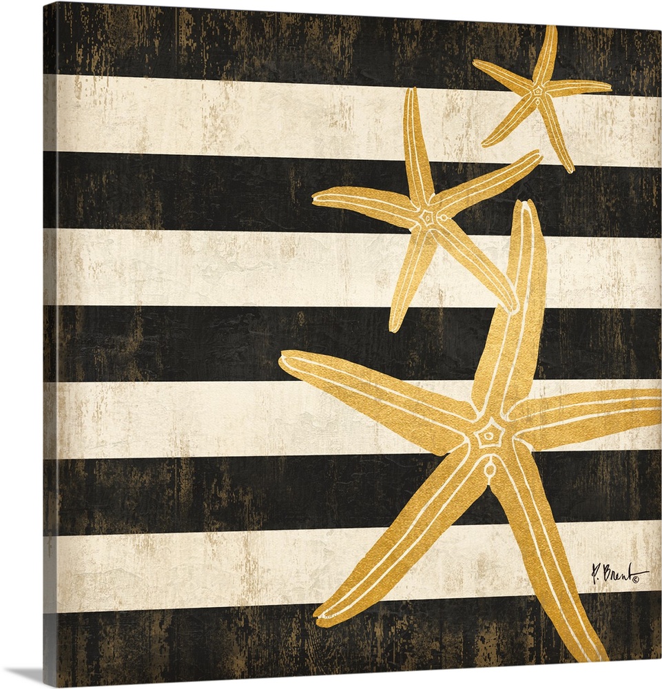 Square decor with metallic gold starfish on a black and white striped background.