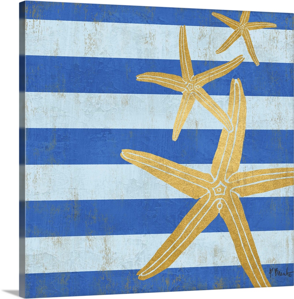 Square decor with metallic gold starfish on a blue striped background.