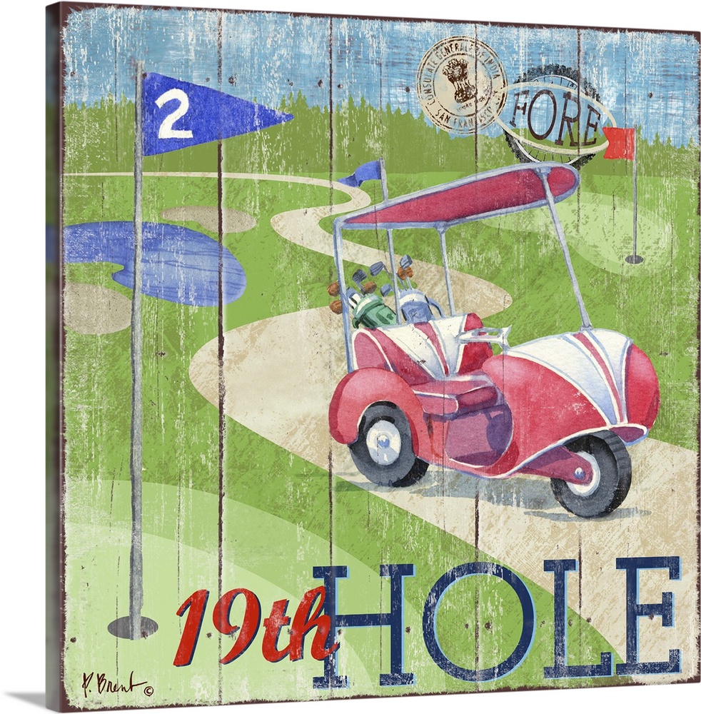 Fun golf decor with a golf cart on a course with a wooden board effect.
