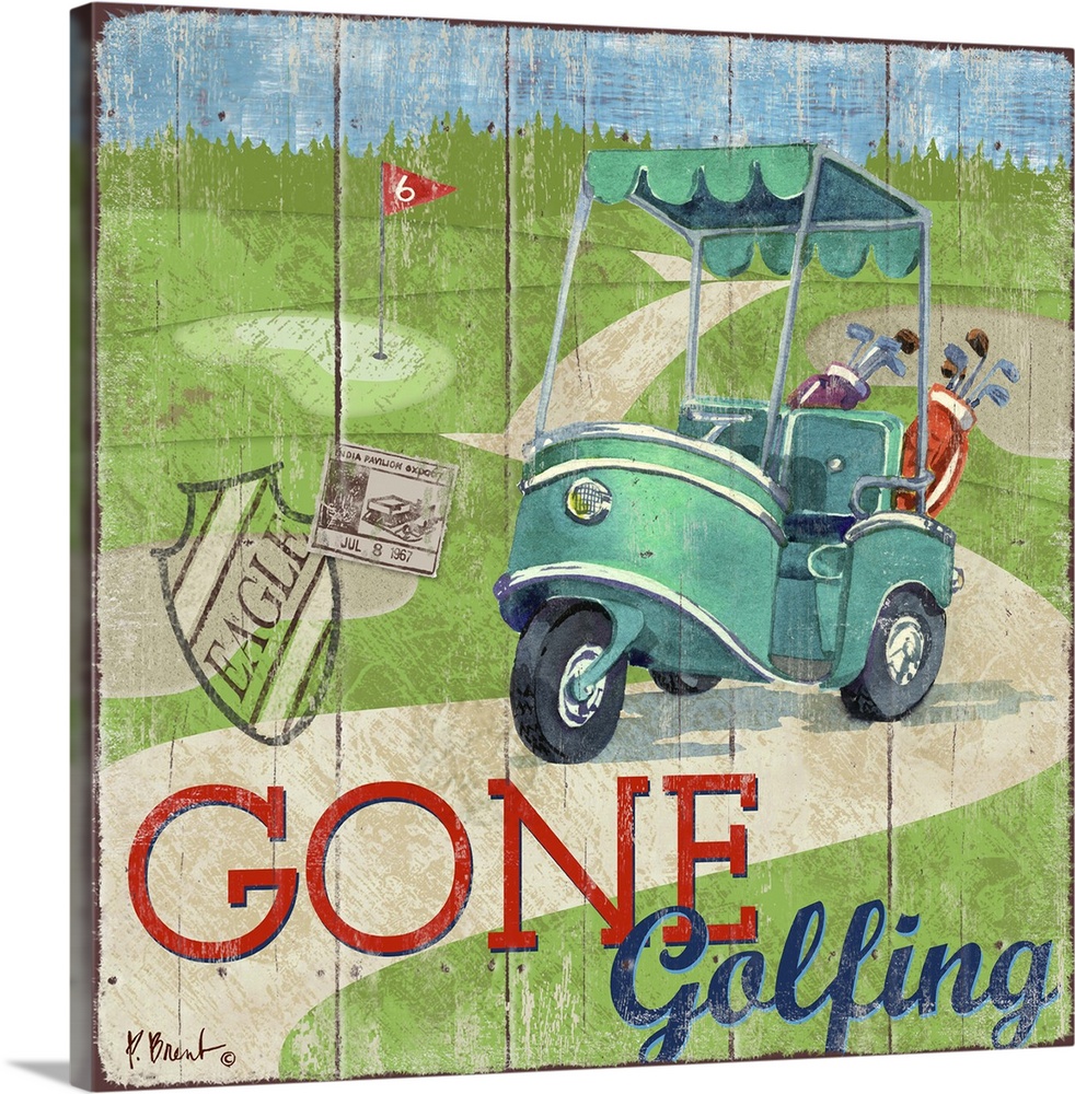 Fun golf decor with a golf cart on a course with a wooden board effect.