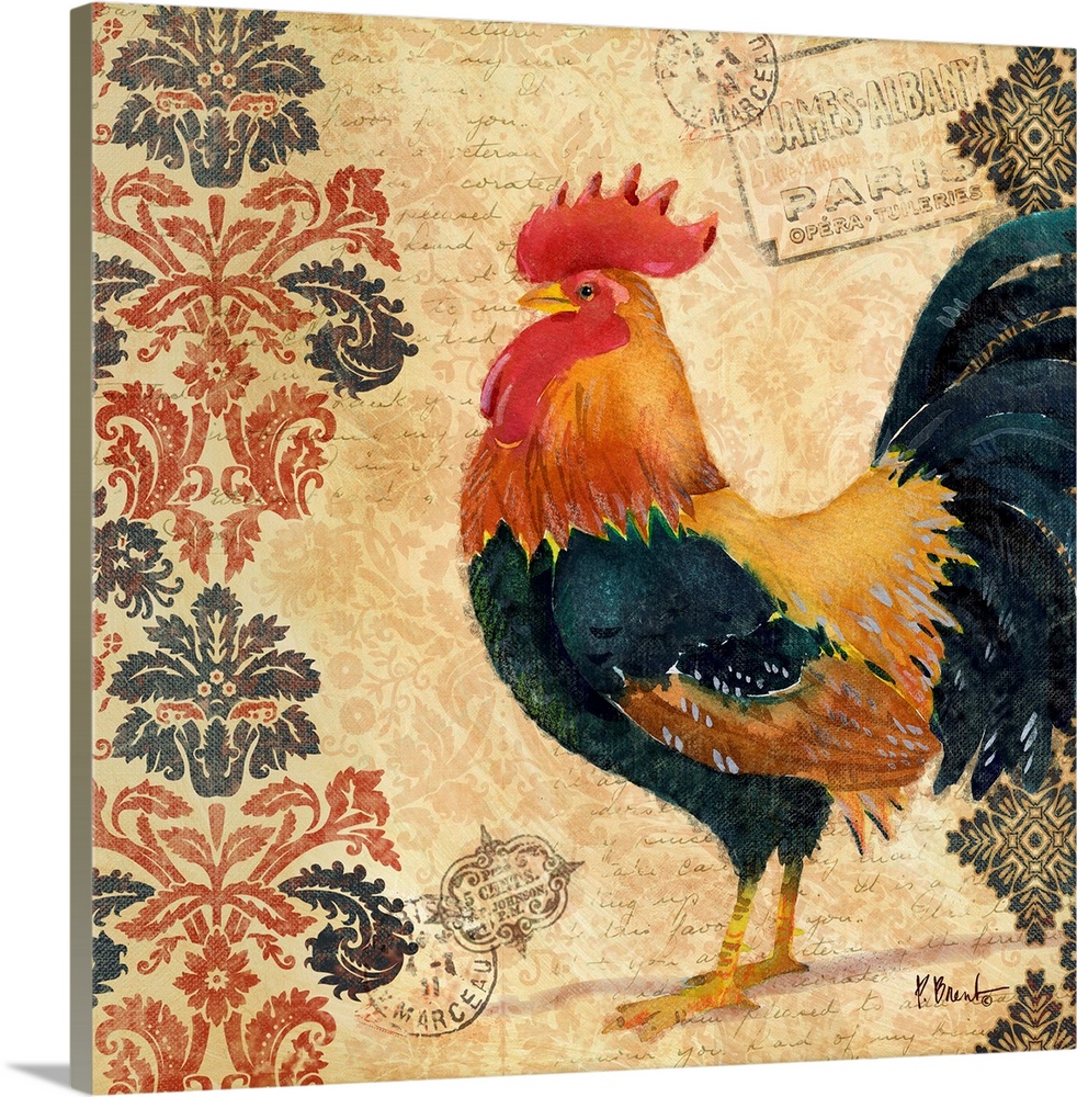 Painting of a rooster on a decorative background with postmarks and a damask pattern.