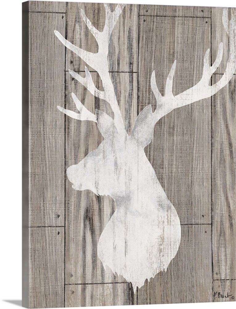 Contemporary decorative artwork of a light deer silhouette on a textured wooden background.