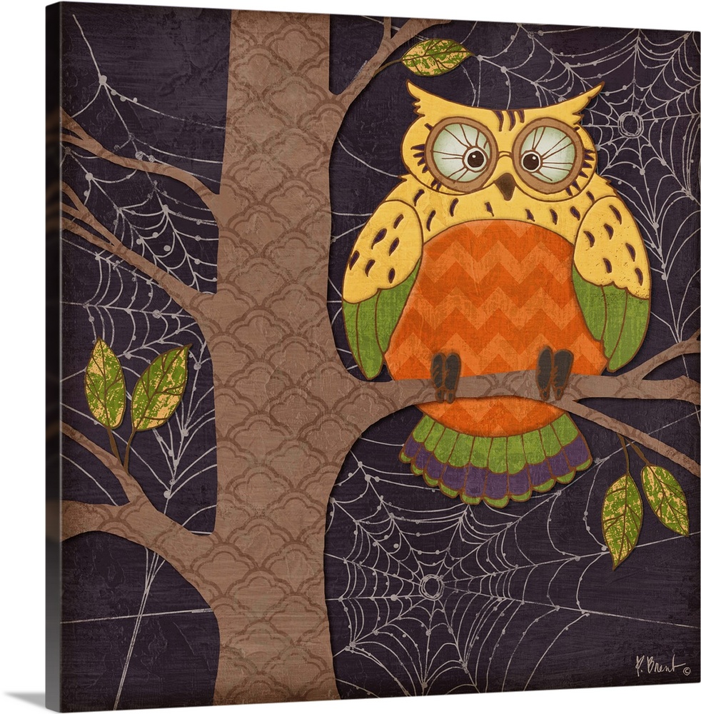 Halloween-themed illustration of a cute owl sitting in a tree, made of patterned shapes.