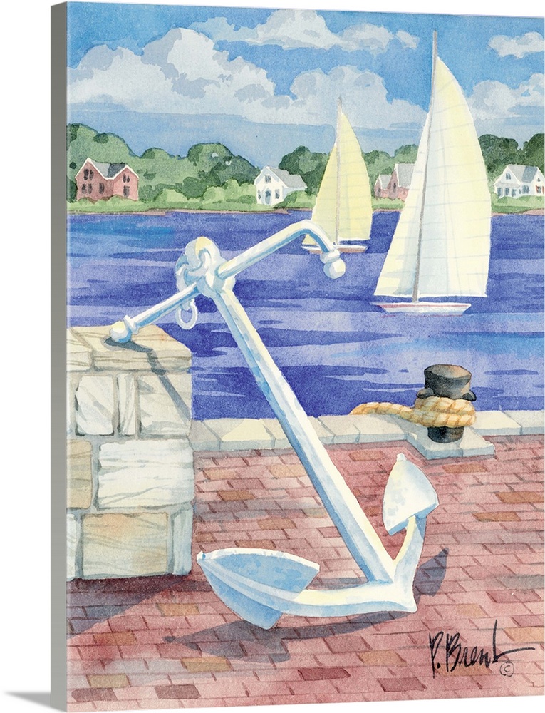 Watercolor painting of a large white anchor on a brick-paved pier, with two sailboats in the distance.
