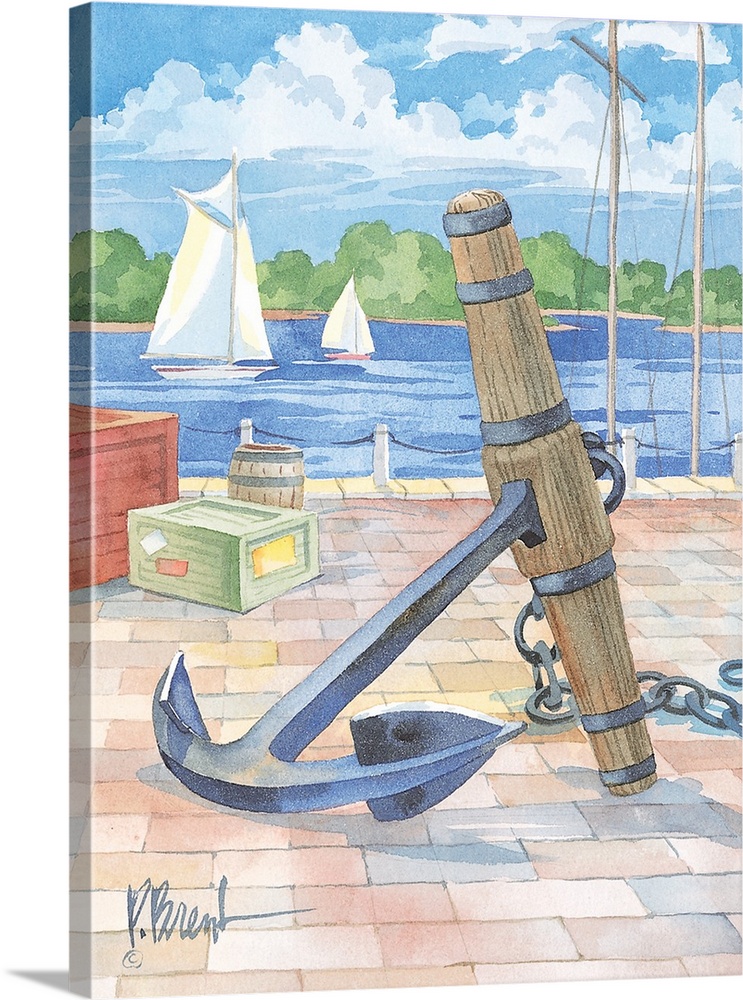 Watercolor painting of a large iron anchor on a brick-paved pier, with two sailboats in the distance.