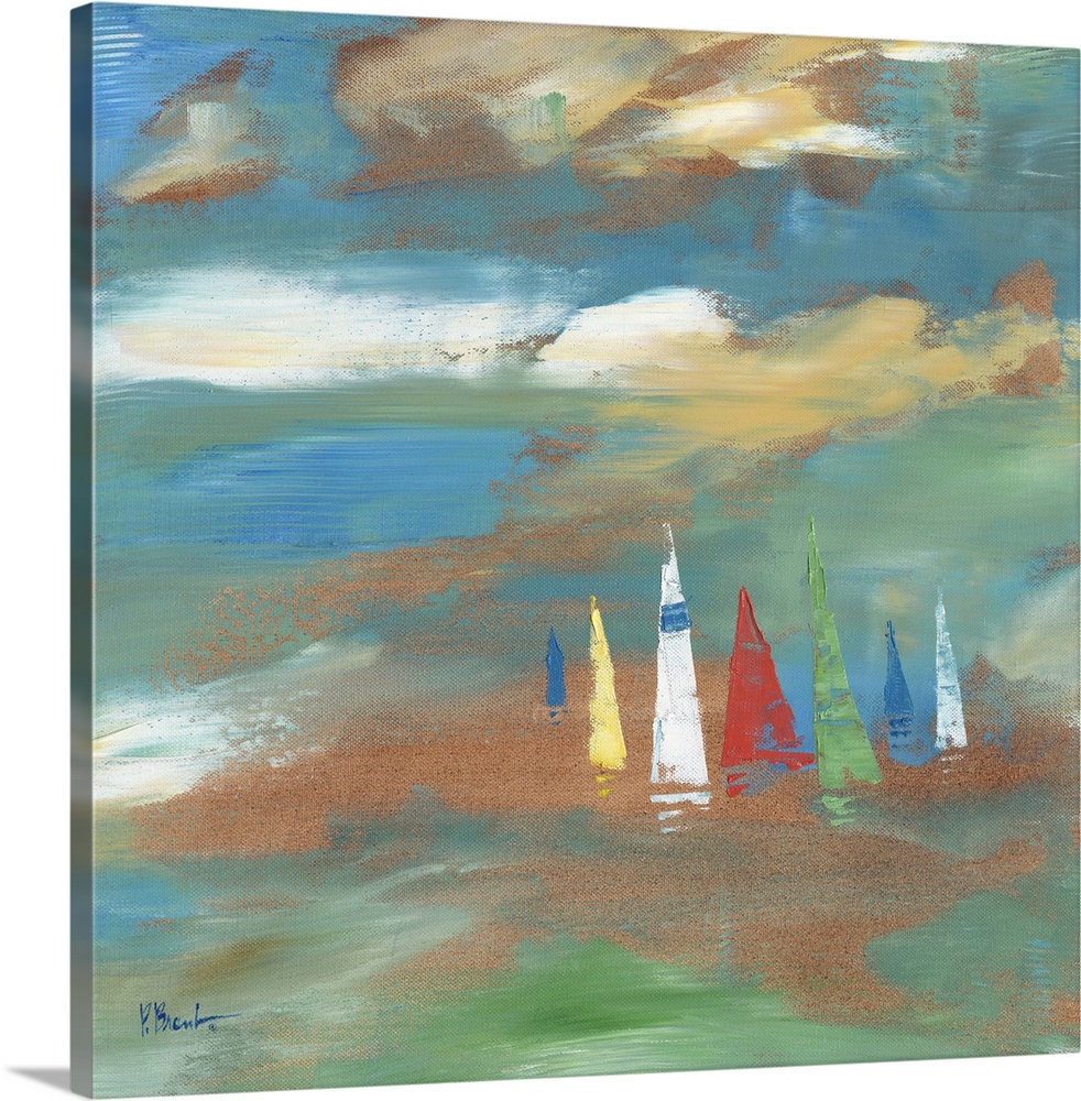 Semi-abstract painting of sailboats on the sea, done with broad brushstrokes and pastel colors.