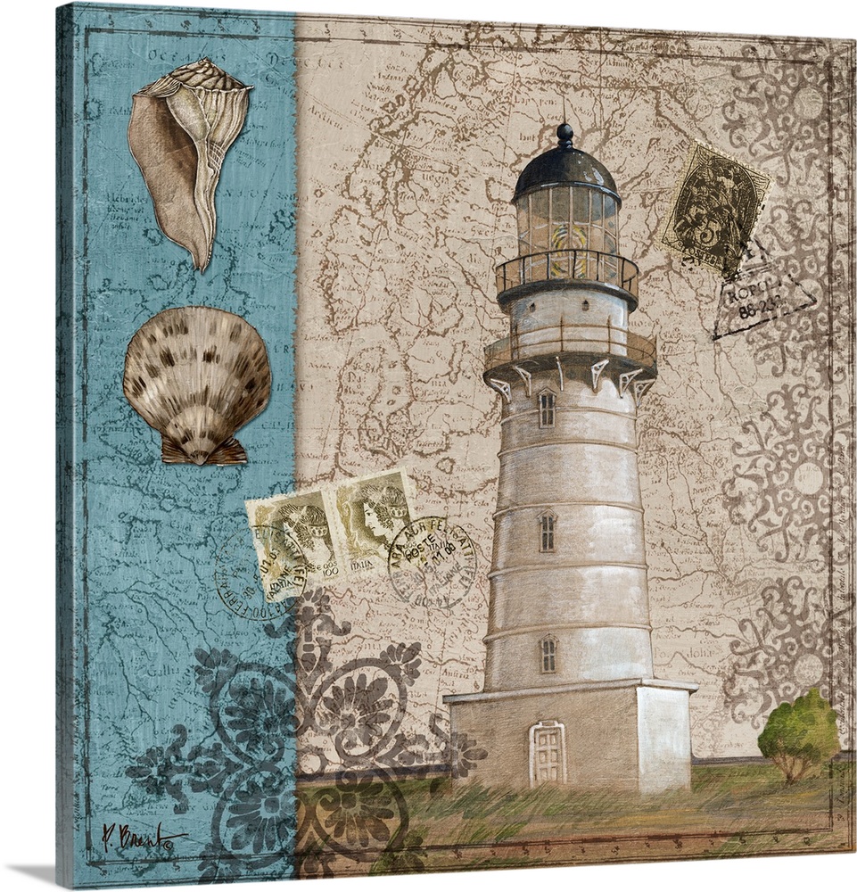 Decorative collage of a lighthouse with pattern elements, postage stamps, and seashells.