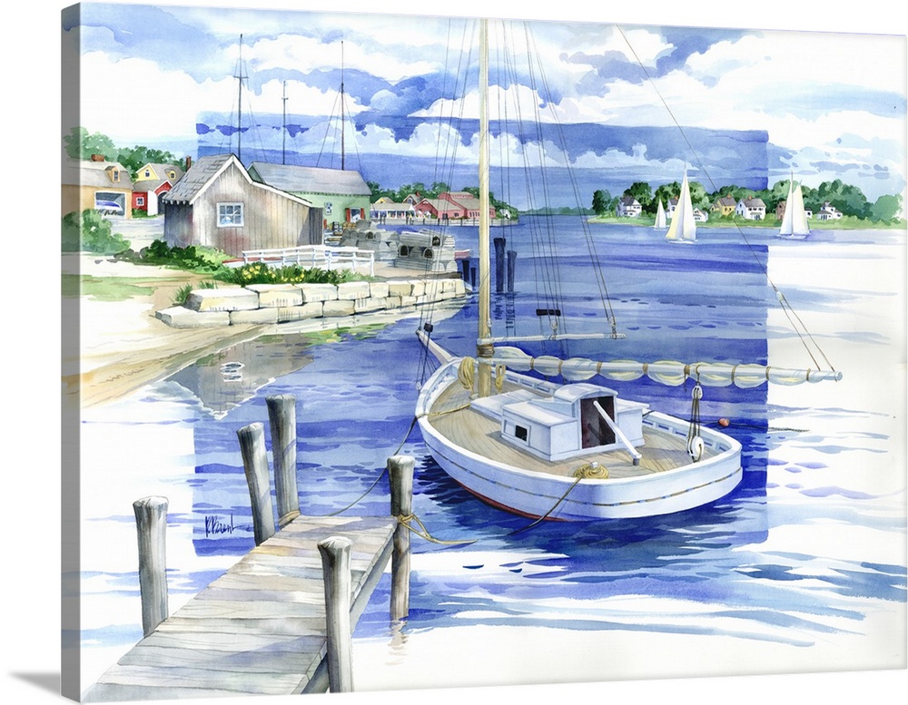 Watercolor painting of a harbor with boats, a wooden pier, and coastal homes.