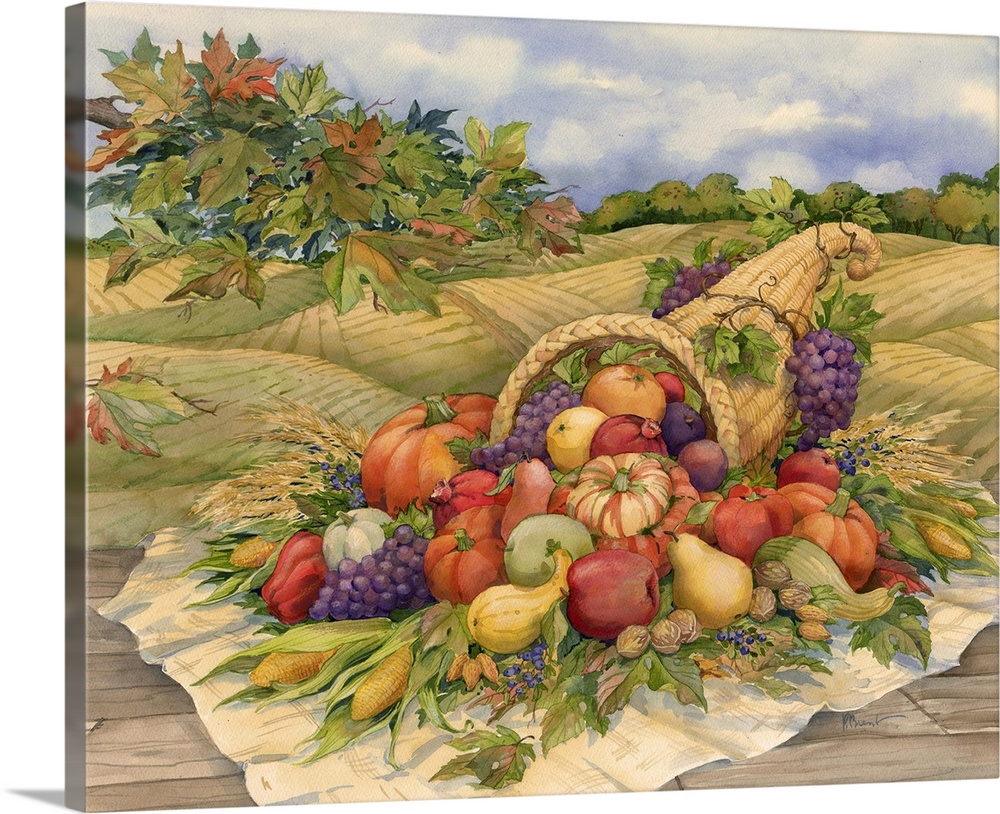 Painting of a cornucopia filled with harvest vegetables in an autumn field.