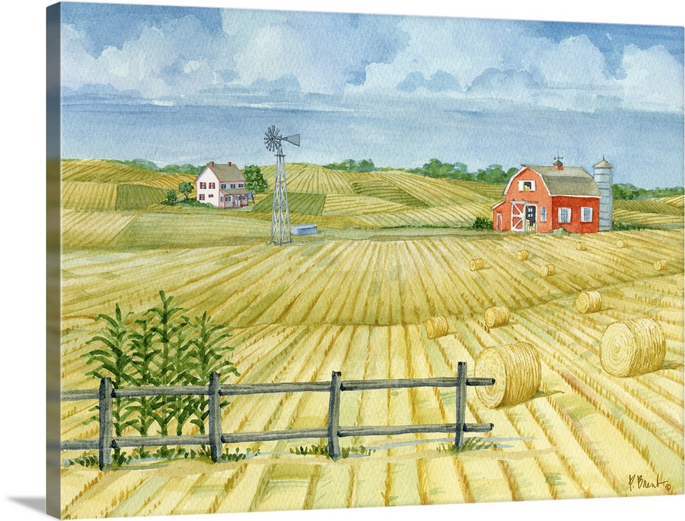 Watercolor landscape of a barn in a field with hay bales in the countryside.
