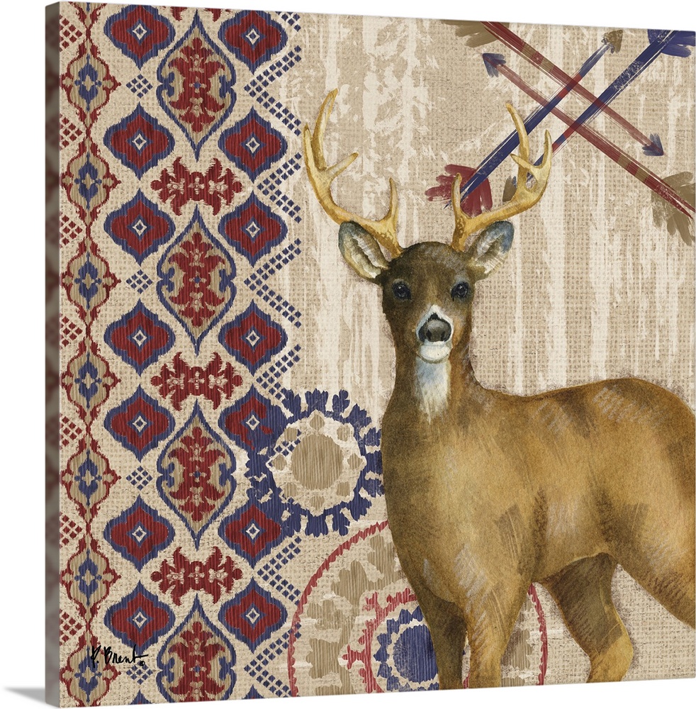 Decorative artwork of a deer with folk patterns and arrows on a wood texture.