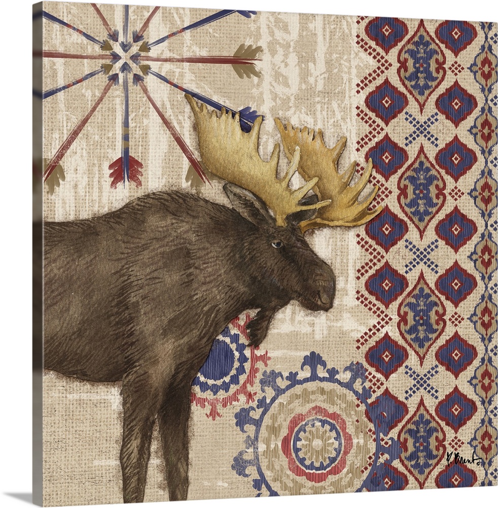 Decorative artwork of a moose with folk patterns and arrows on a wood texture.