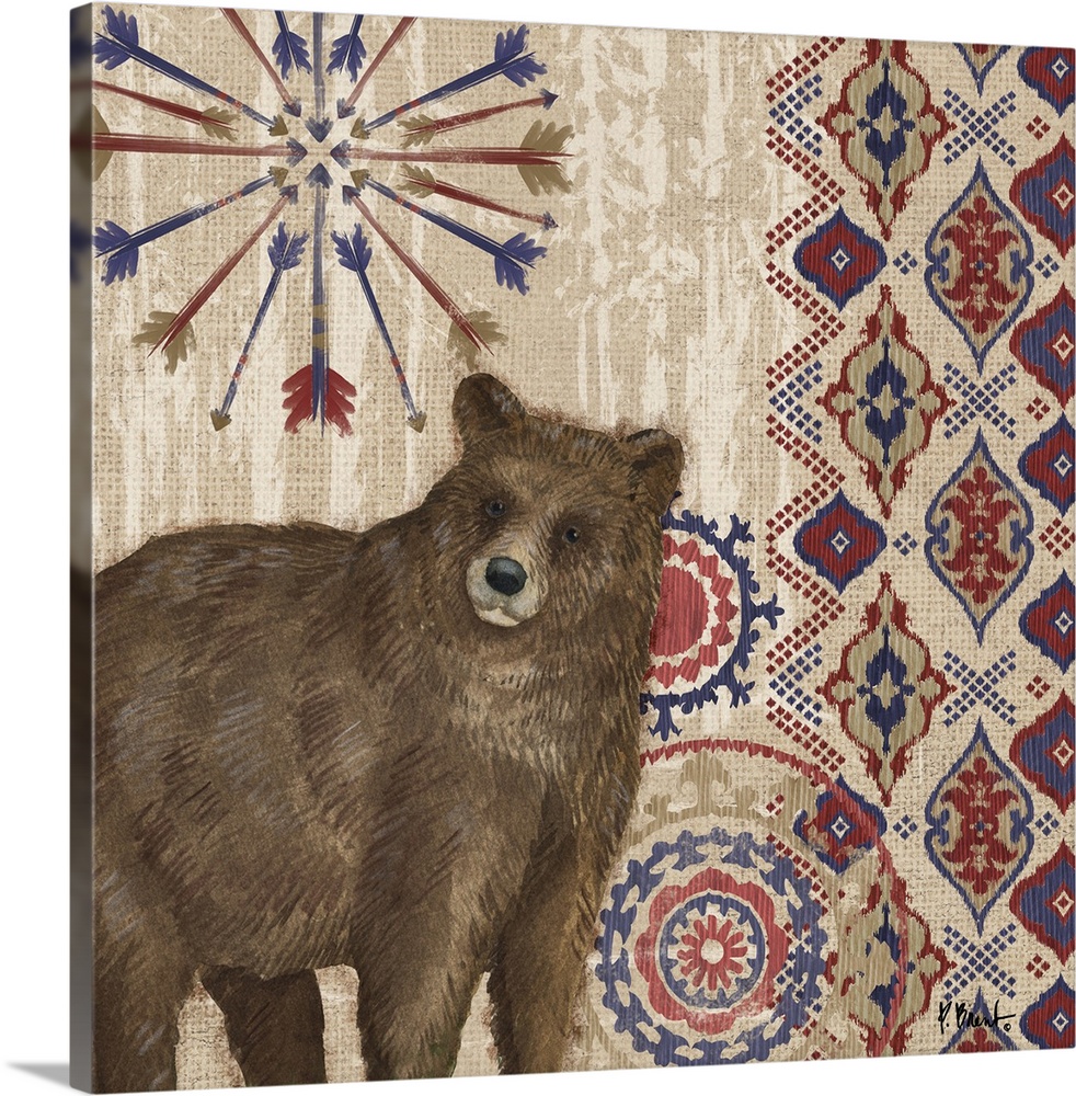 Decorative artwork of a bear with folk patterns and arrows on a wood texture.