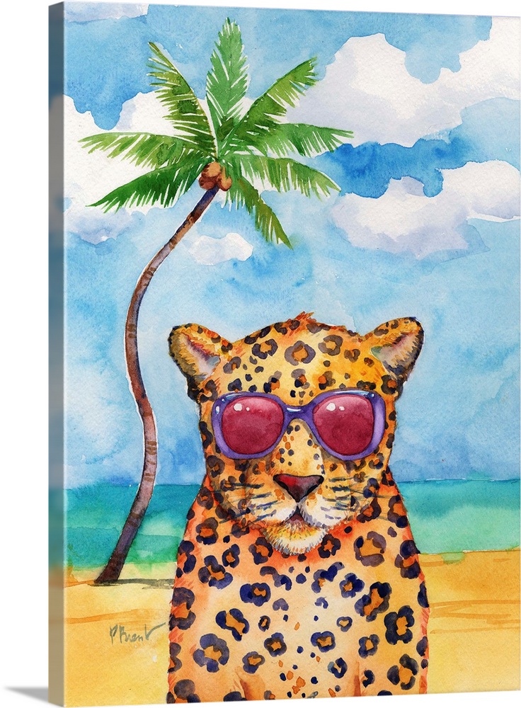 Watercolor painting of a cheetah wearing pink and purple sunglasses on a beach with a single palm tree in the background.