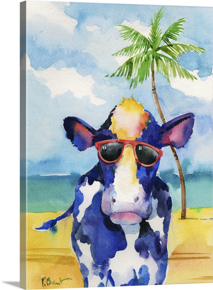 Watercolor painting of a cow wearing red sunglasses on a beach with a palm tree in the background.