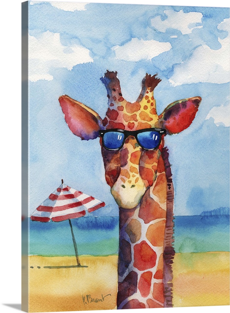 Watercolor painting of a giraffe wearing sunglasses on a beach with the ocean in the background.