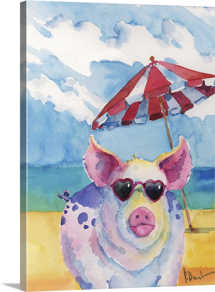 Watercolor painting of a pig on the beach wearing pink heart shaped sunglasses.