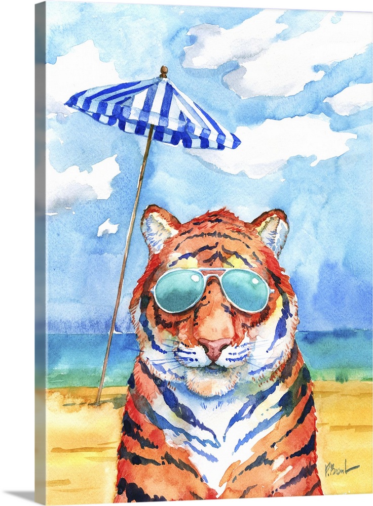 Watercolor painting of a tiger on a beach wearing aviator sunglasses with a striped beach umbrella and the ocean in the ba...
