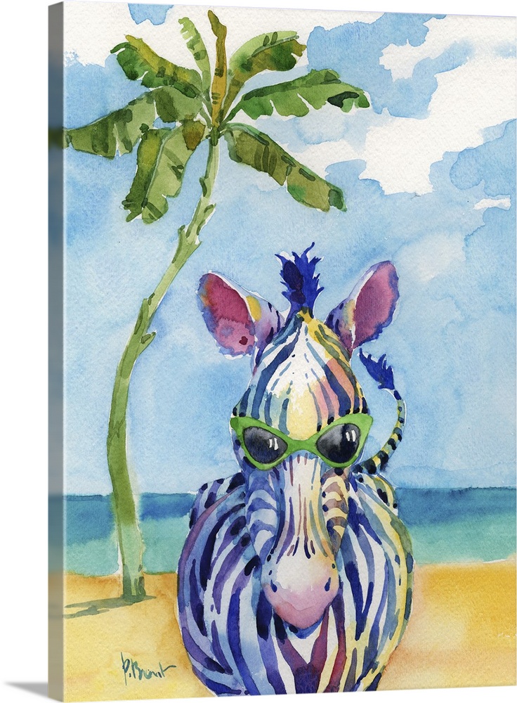Watercolor painting of a zebra wearing green sunglasses standing on the beach with a palm tree in the background.