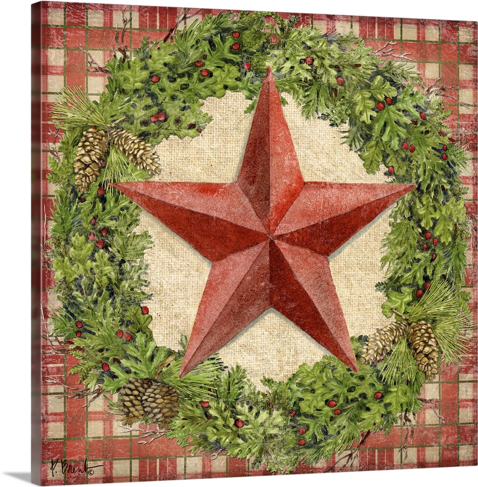 A red holiday star inside a seasonal wreath.