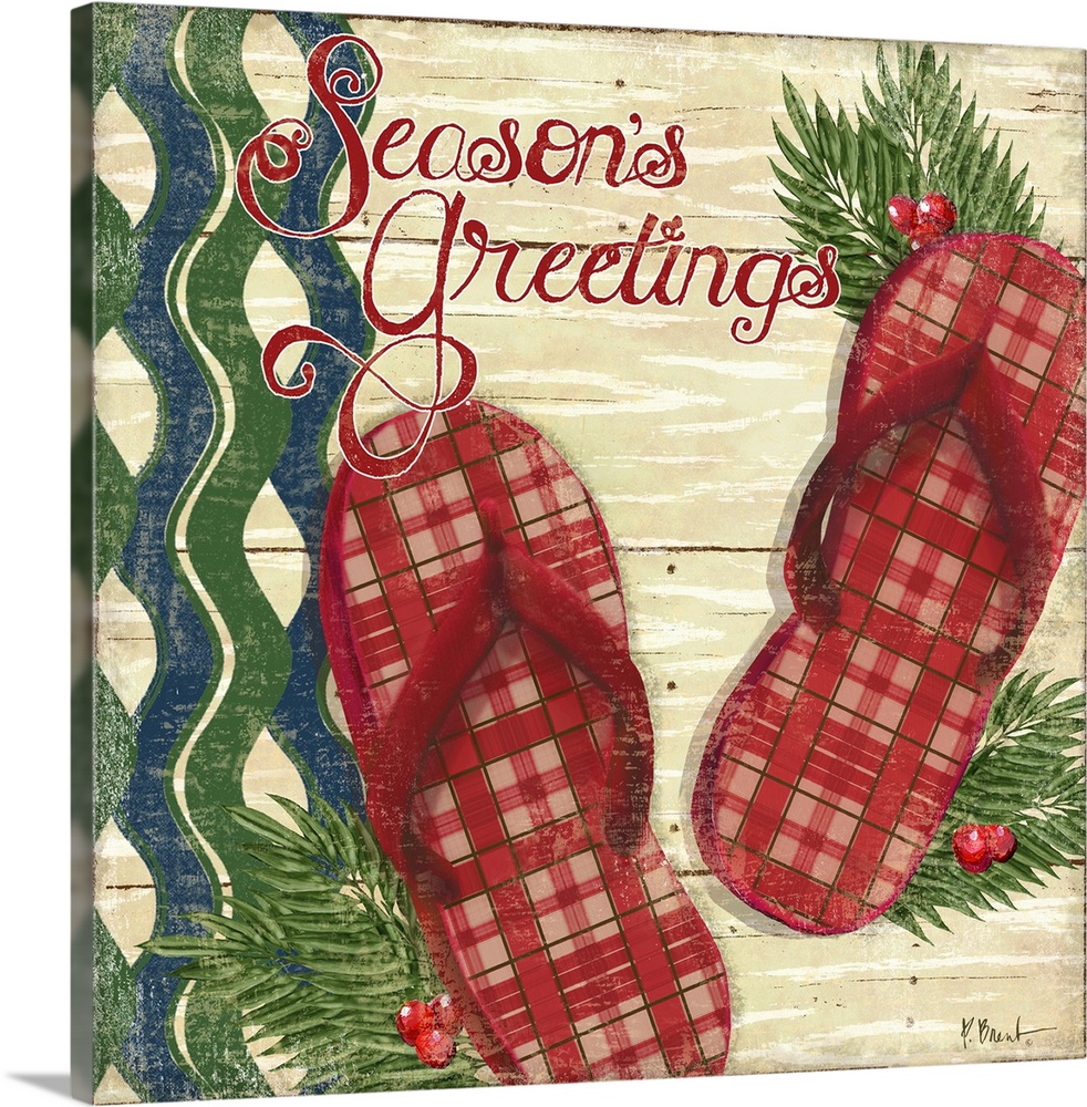 A pair of plaid-patterned holiday flip-flops decorated with holly and the words "Season's Greetings."